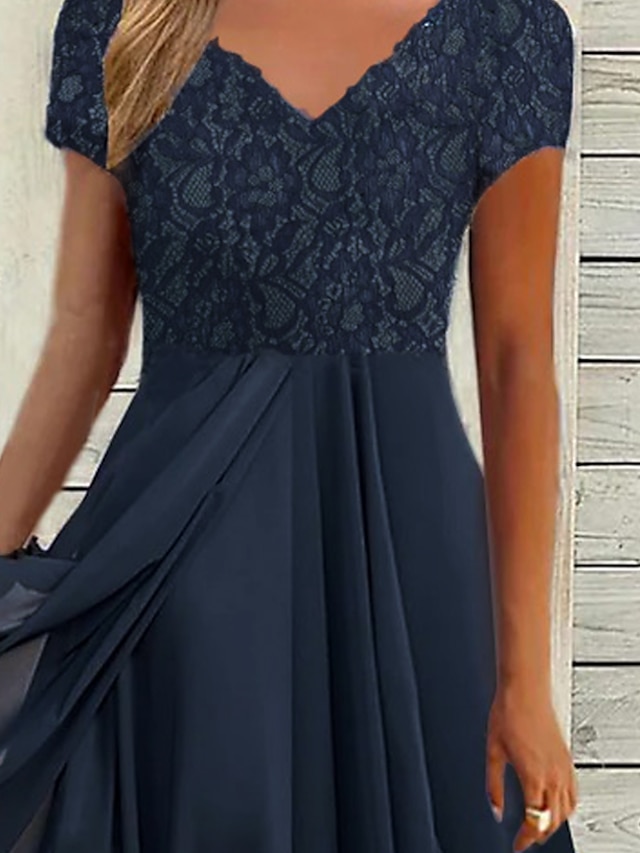 Women's Party Dress Chiffon Dress Formal Dress Midi Dress Navy Blue Short Sleeve Floral Ruched Spring Summer V Neck Vacation Wedding Guest Date Vacation 2023 S M L XL XXL 3XL