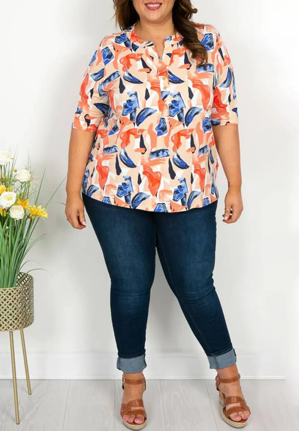 Coral and Blue Print Top