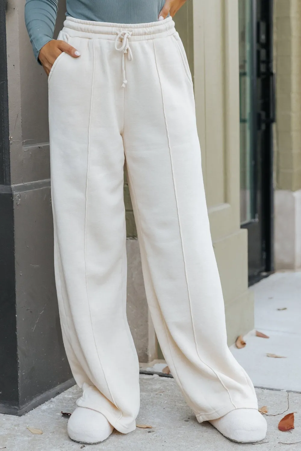 Cream Seam Detail Wide Leg Sweatpants