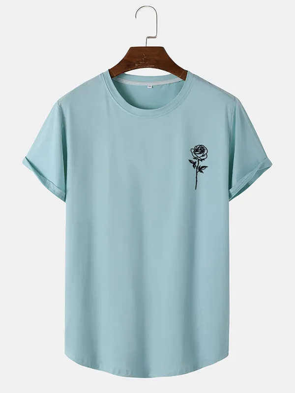 Rose Print Arc Hem T-Shirt