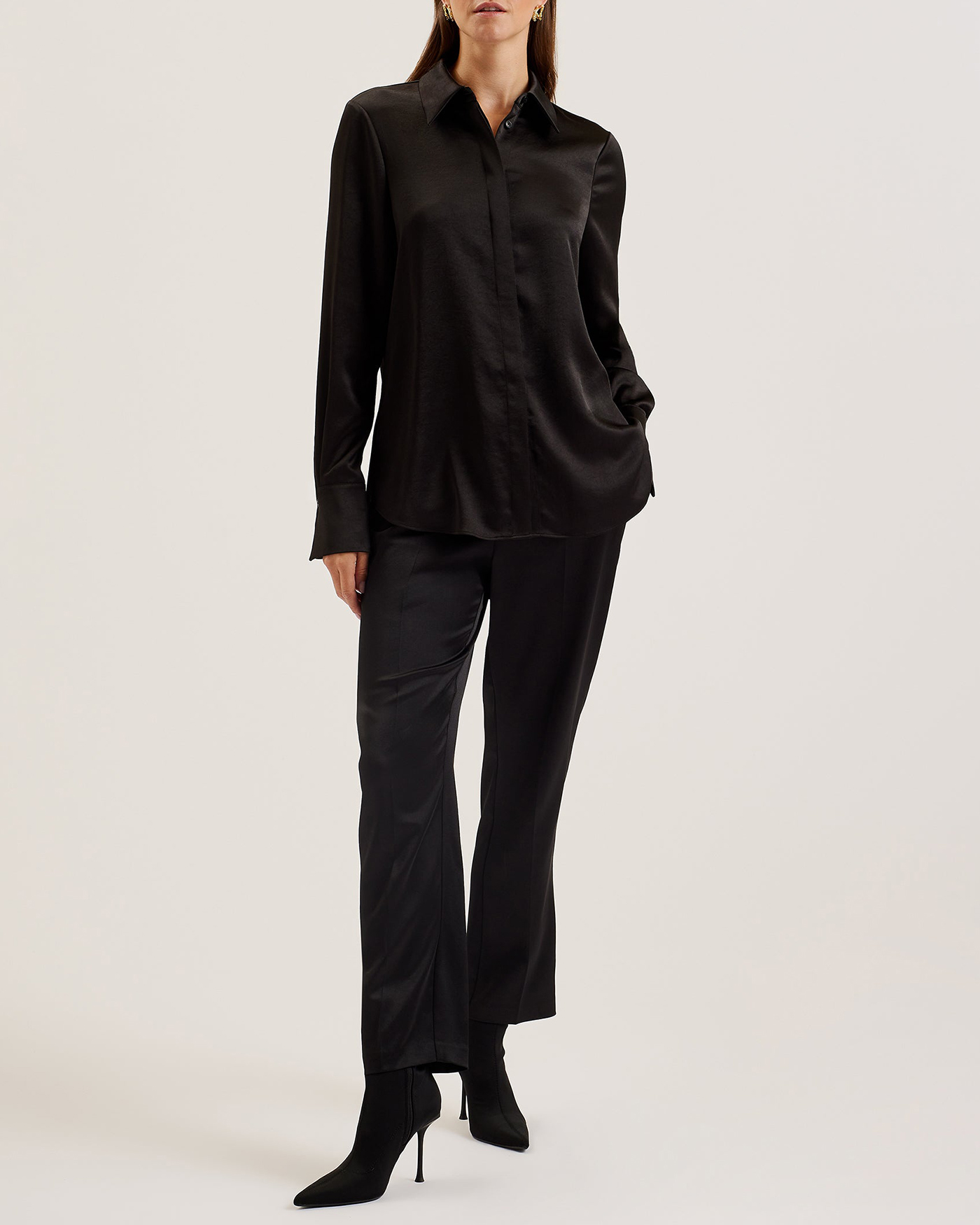 Sonora Long Line Satin Shirt Black