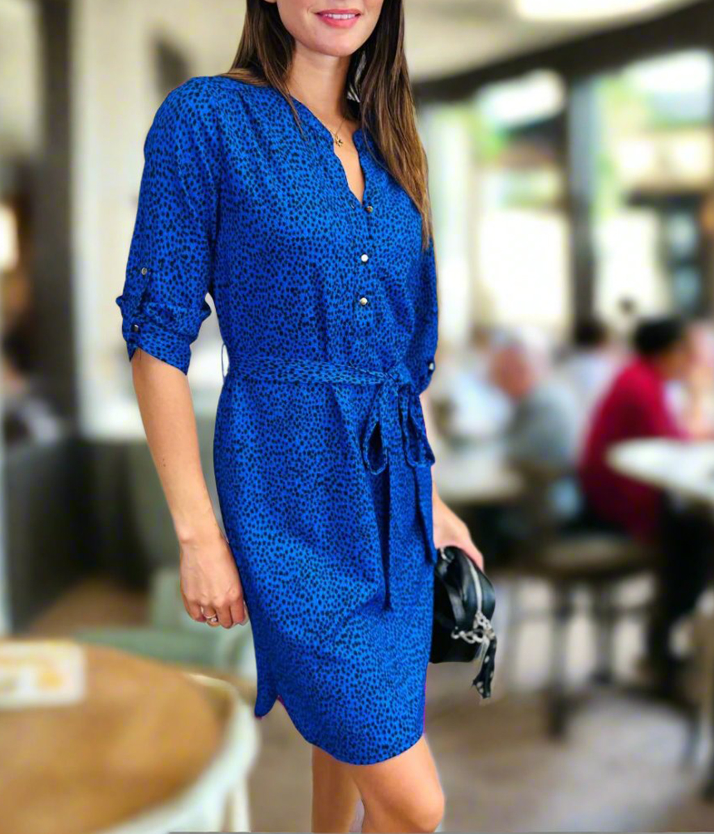 Blue Dotty Print Belted Shirt Dress