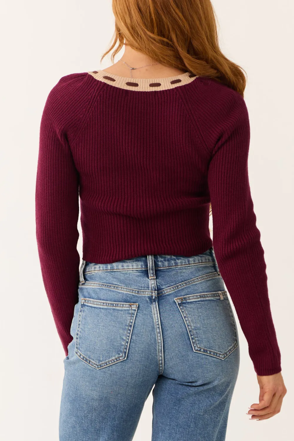 Wine Contrast Square Neck Cropped Sweater