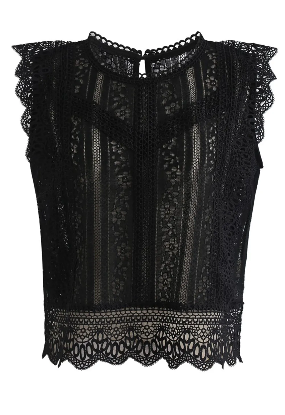 CROCHET TRIM SLEEVELESS LACE TOP IN BLACK