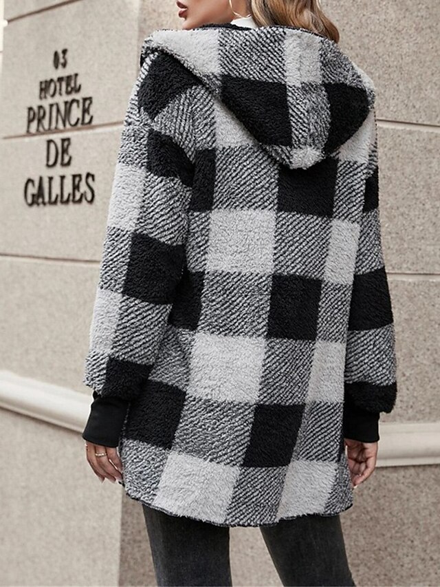 Women's Fleece Jacket Teddy Coat Hoodie Jacket Warm Breathable Street Daily Wear Vacation Going out Pocket Fleece Lined Open Front Hoodie Casual Street Style Stripes and Plaid Regular Fit Outerwear