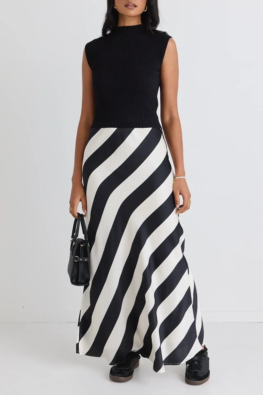 Fiery Black Stripe Satin Bias Maxi Skirt