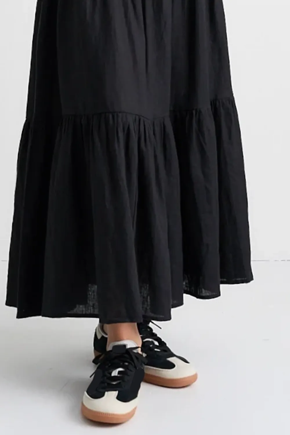 Blazing Black Tiered Linen Midi Skirt