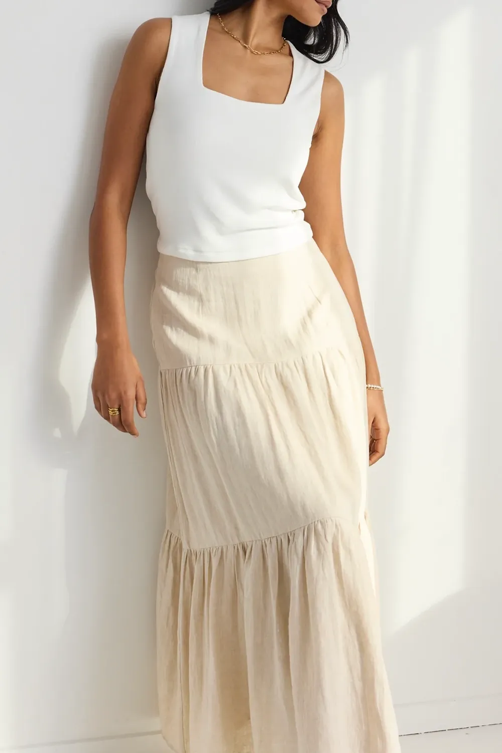 Blazing Sand Tiered Linen Midi Skirt