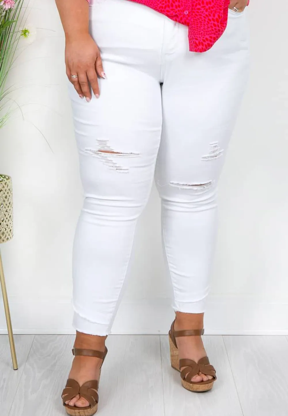 White Distressed Raw Hem Jeans