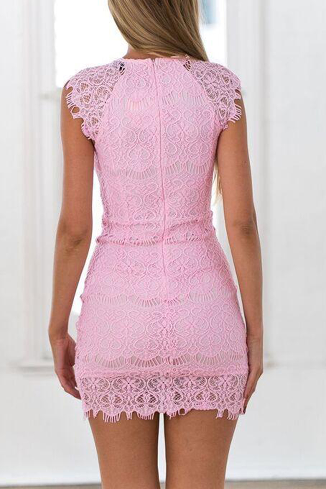 Drape Mini Dress with Pink Lace Overlay