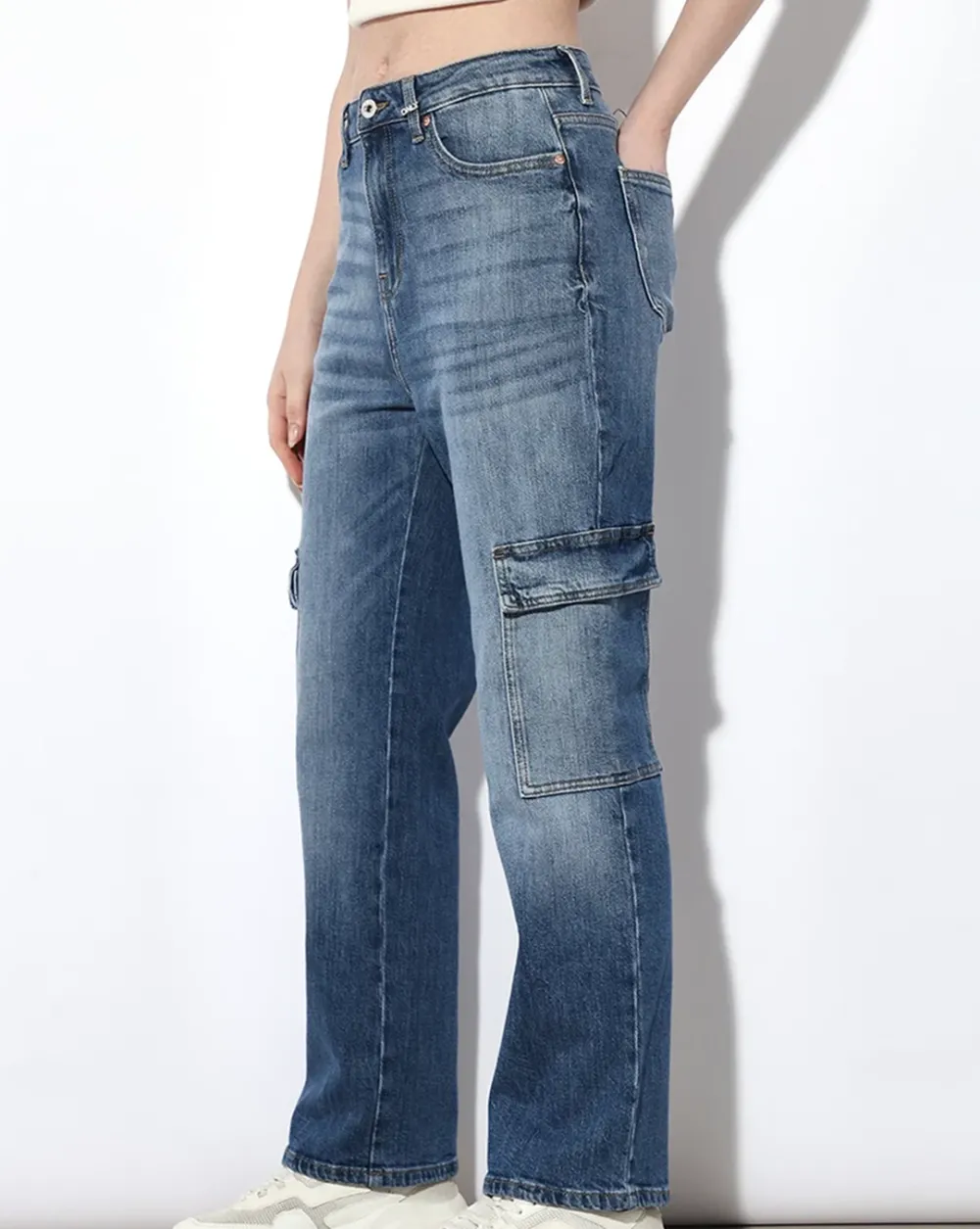 Blue High Rise Cargo Jeans