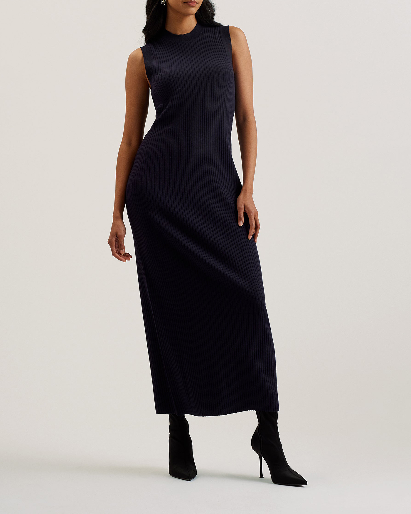 Sandiii Ribbed Crew Neck Knitted Column Maxi Dress Navy