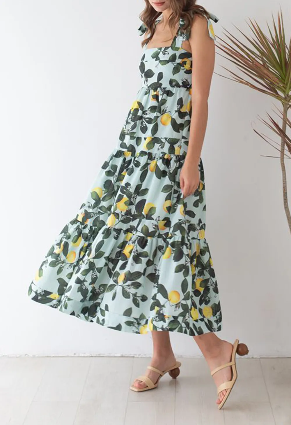 MINTY LEMON PRINTED TIE-STRAP MAXI DRESS