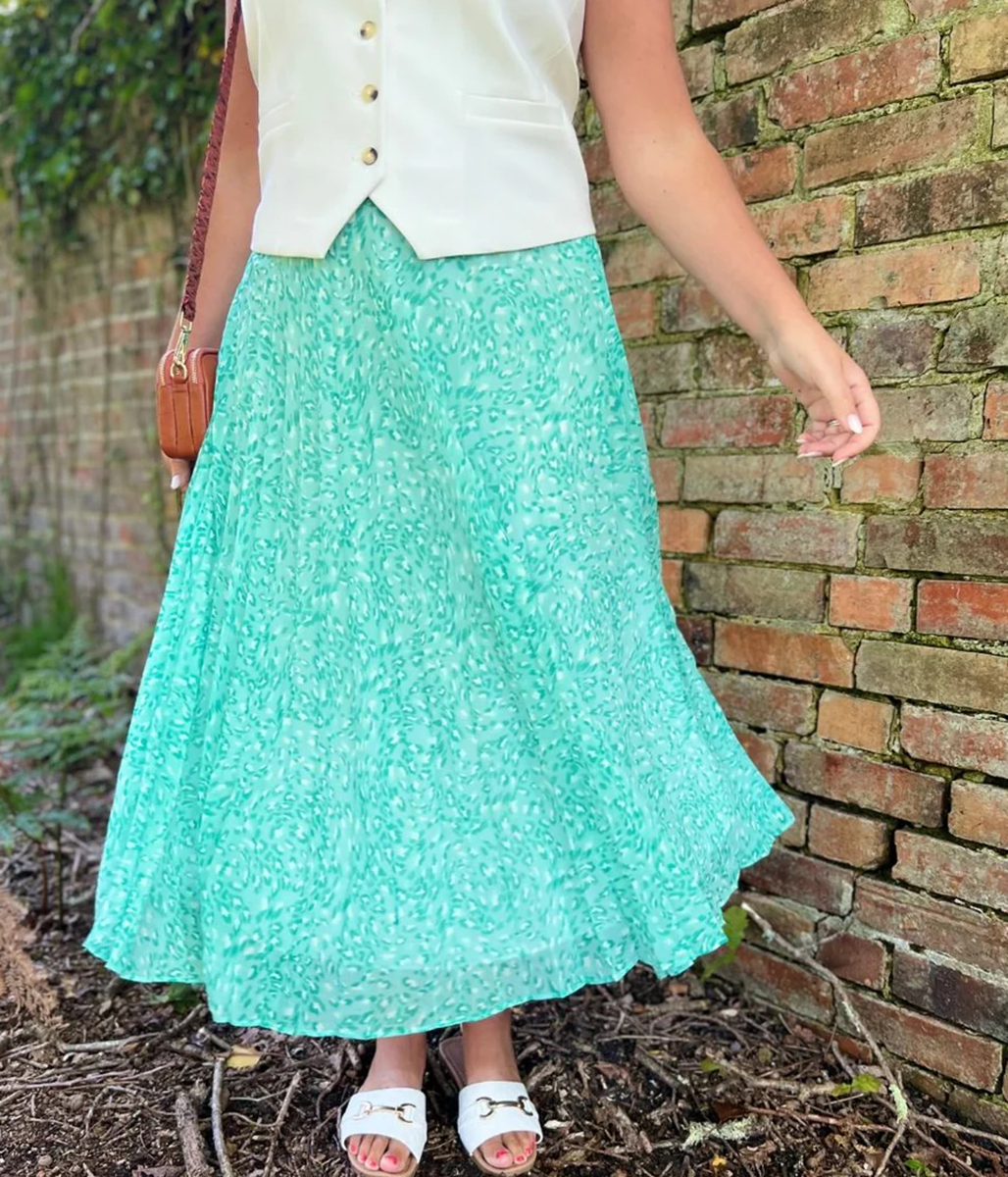 Green Swirling Animal Pleated Midi Skirt 6