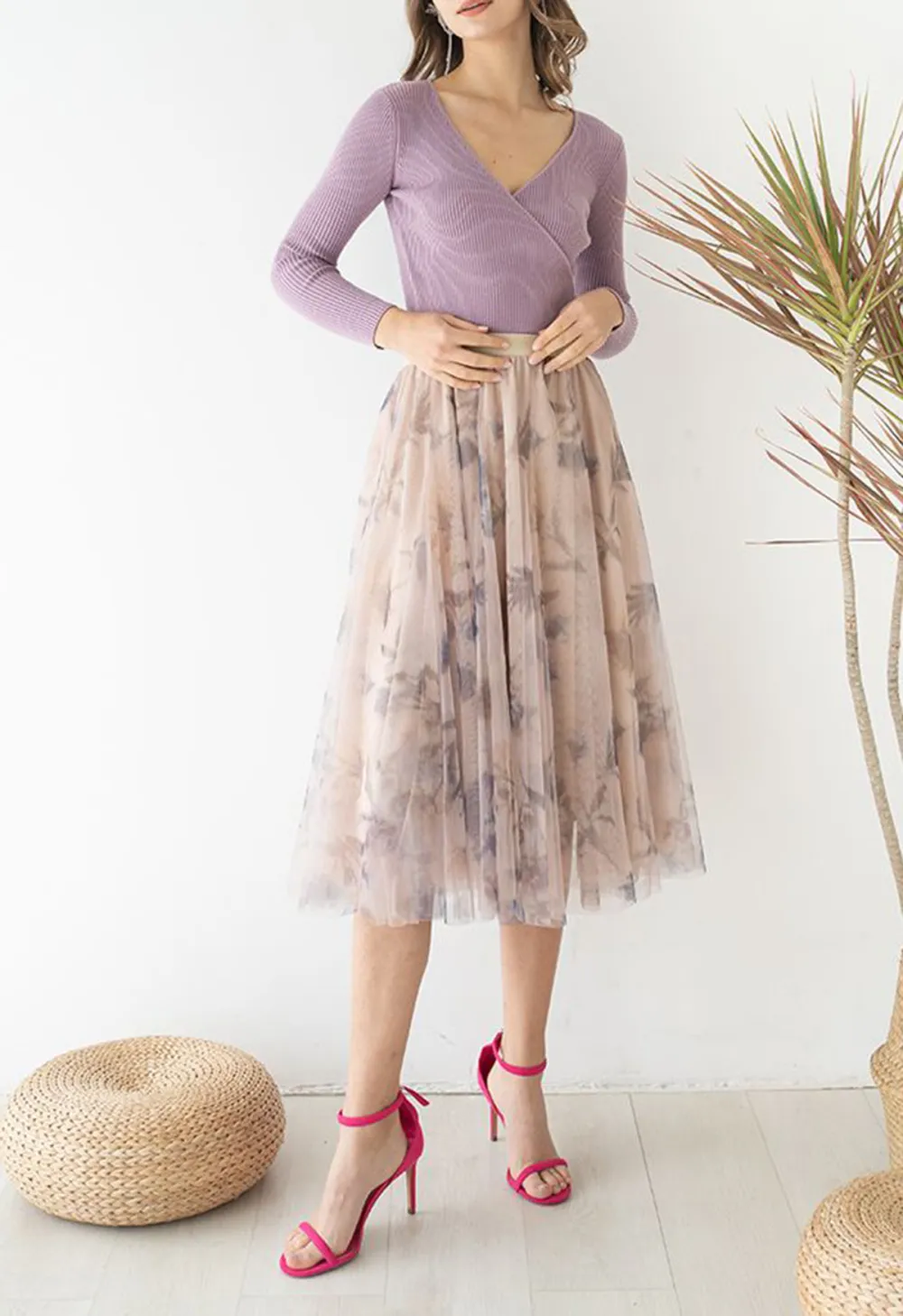 INKY FLORAL DOUBLE-LAYERED MESH TULLE MIDI SKIRT