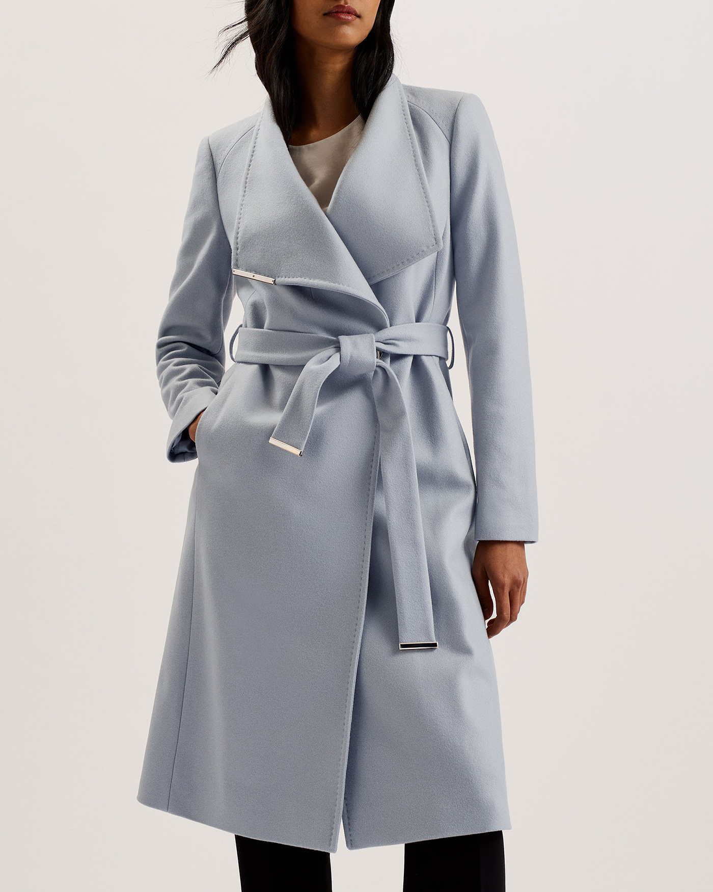 Rose Midi Length Belted Wool Wrap Coat White-Grey