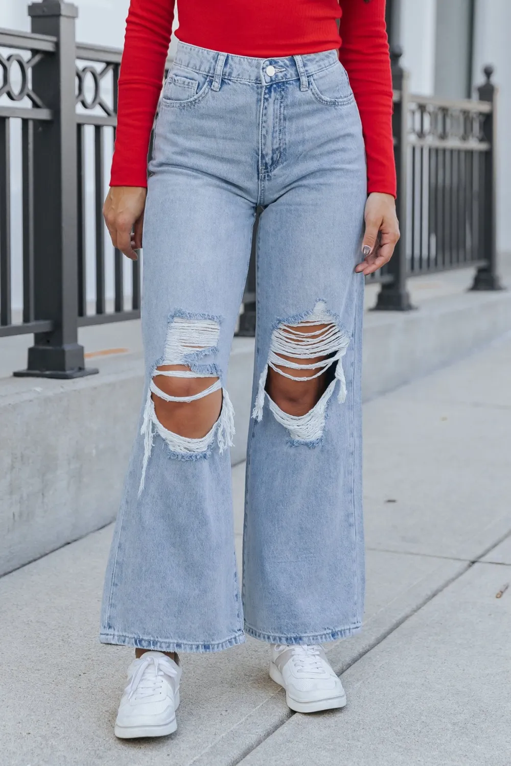 Light Wash High Rise Destroyed Wide Leg Jeans