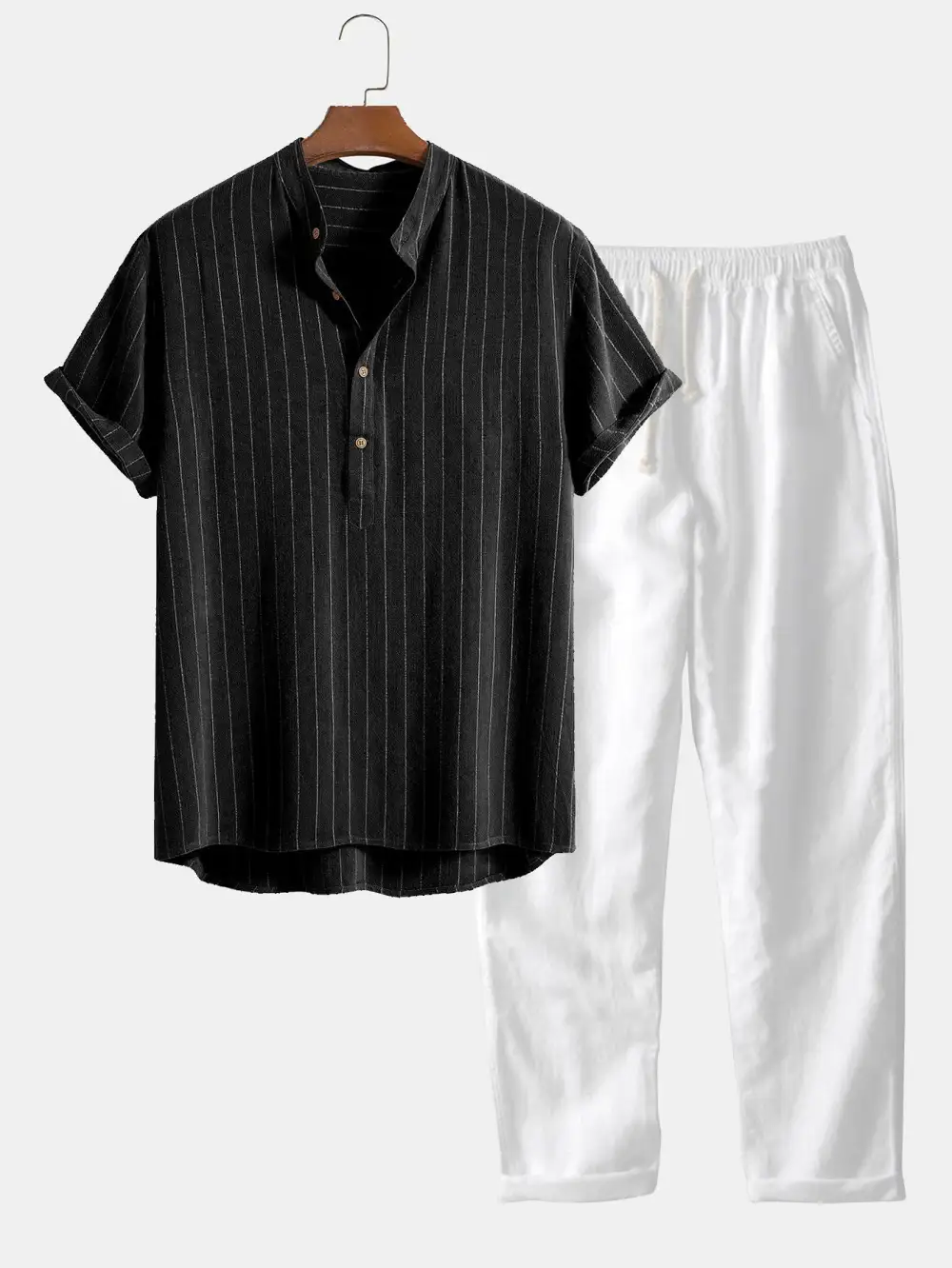 Linen Blend Striped Half Open Placket Henley Collar Shirt & Straight Leg Linen Pants