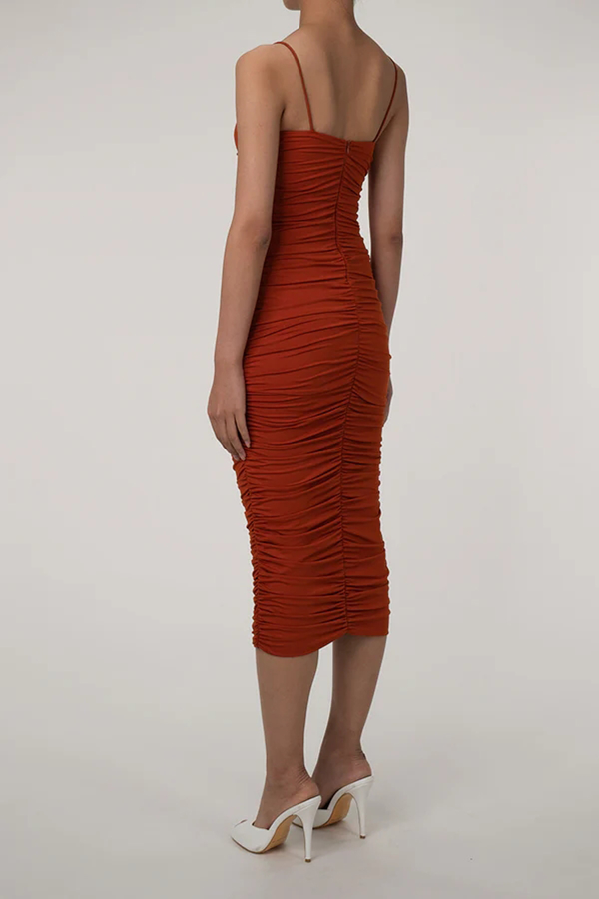 Sweetheart Neck Ruched Midi Cocktail Party Dress - Rust