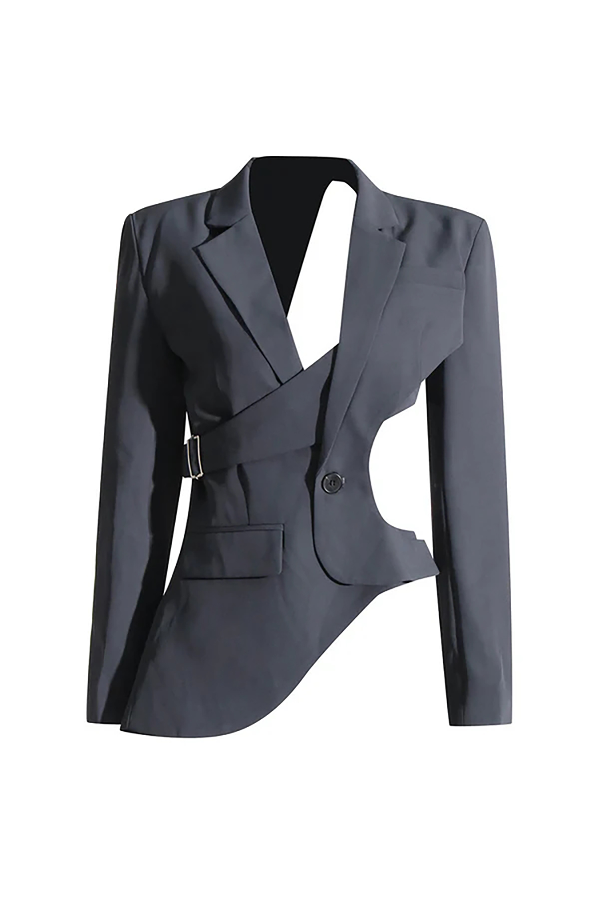 Asymmetric Hem Lapel Long Sleeve Cinched Waist Belted Cutout Blazer