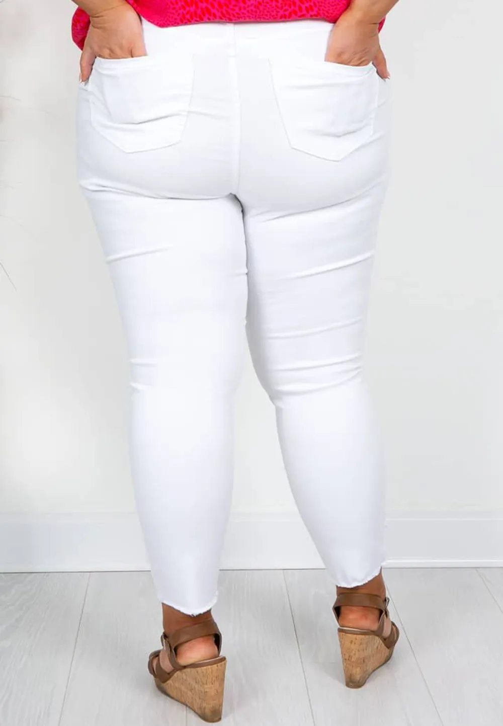 White Distressed Raw Hem Jeans