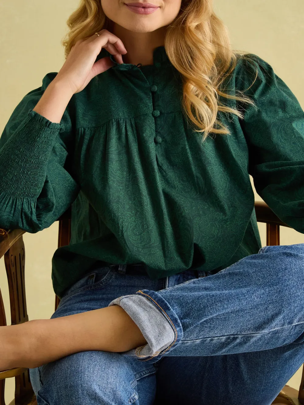 Green Paisley Cotton Frill Neck Blouse