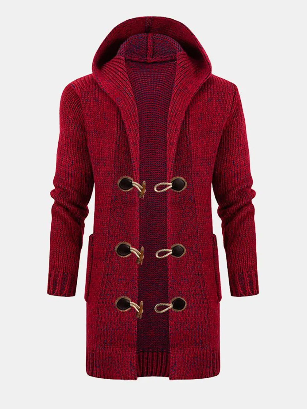 Long Line Horn Buckle Hooded Knitted Cardigan