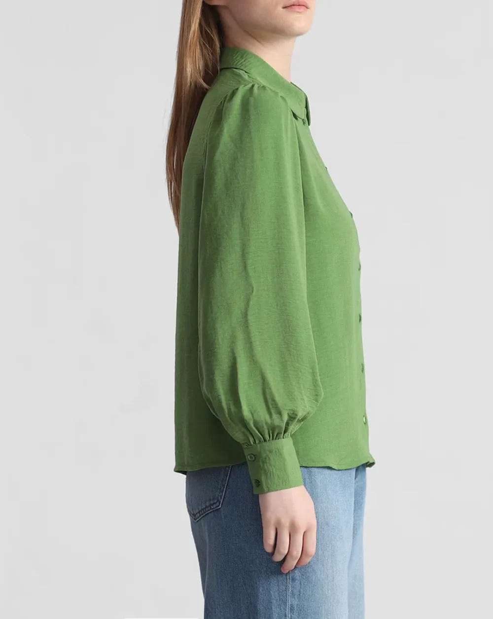 Green Puff Sleeves Textured Shirt