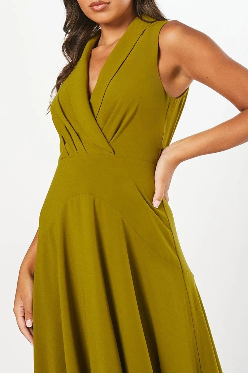 Collared Wrap Bodice Drape Crepe Midi Dress