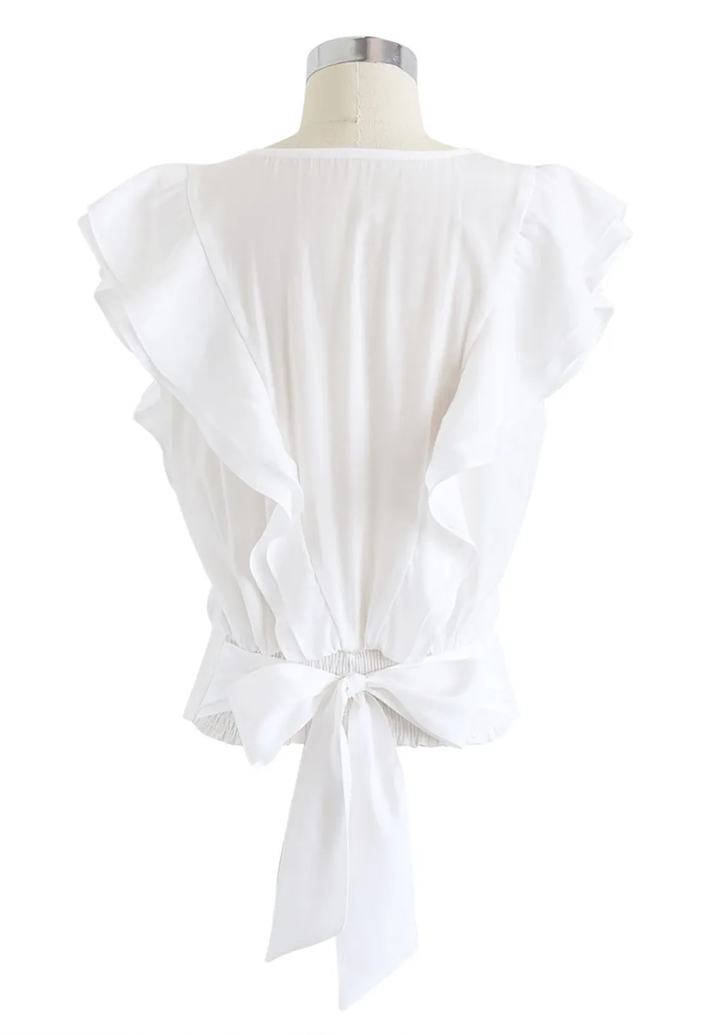 BOWKNOT WAIST SLEEVELESS RUFFLE TOP IN WHITE