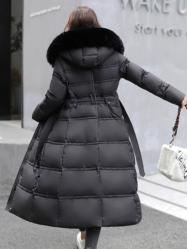 Women's Winter Coat Long Puffer Jacket Warm Parka with Removable Faux Fur Collar Windproof Jacket with Belt Zipper Heated Hoodie Jacket Outerwear Long Sleeve