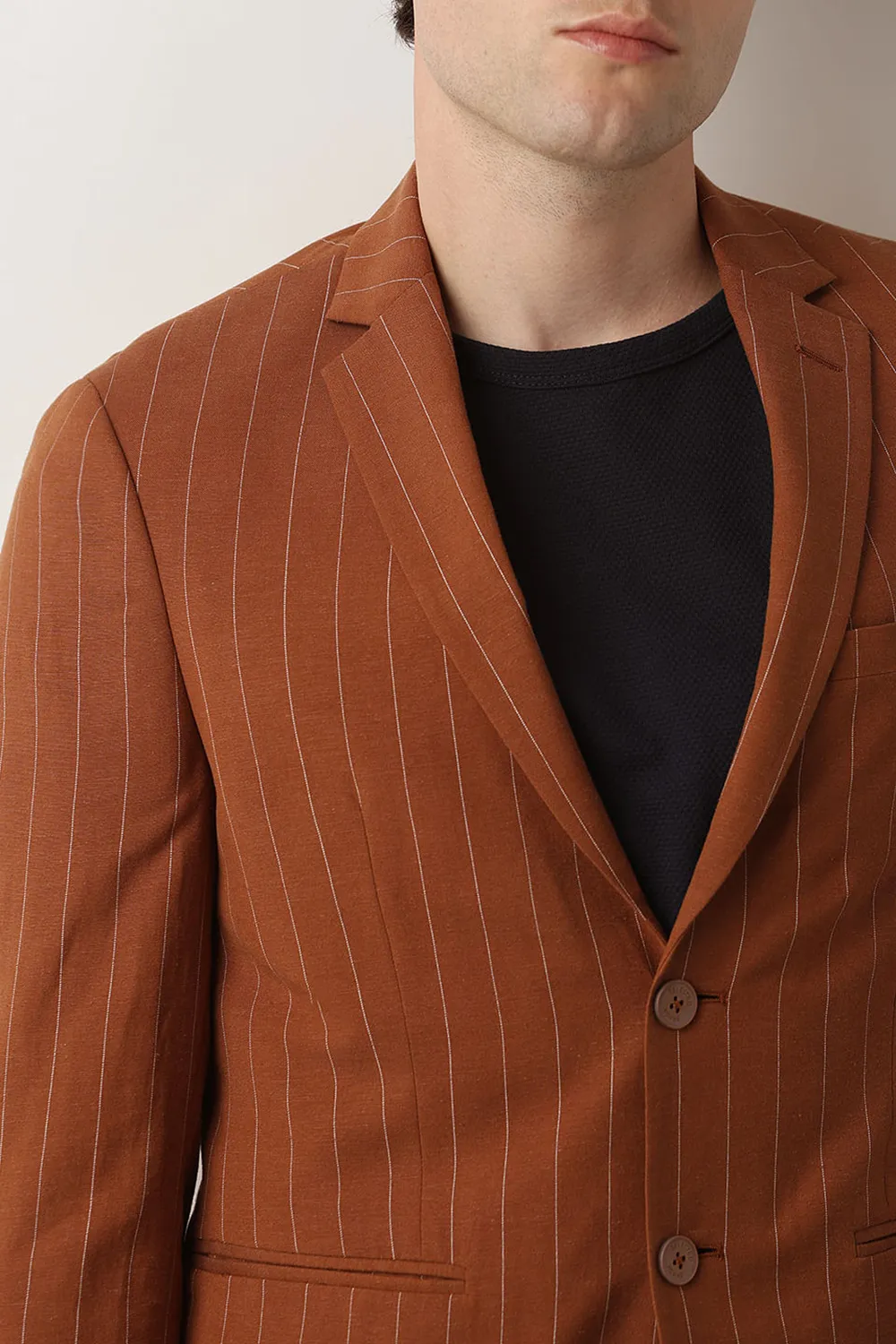 Brown Striped Casual Blazer