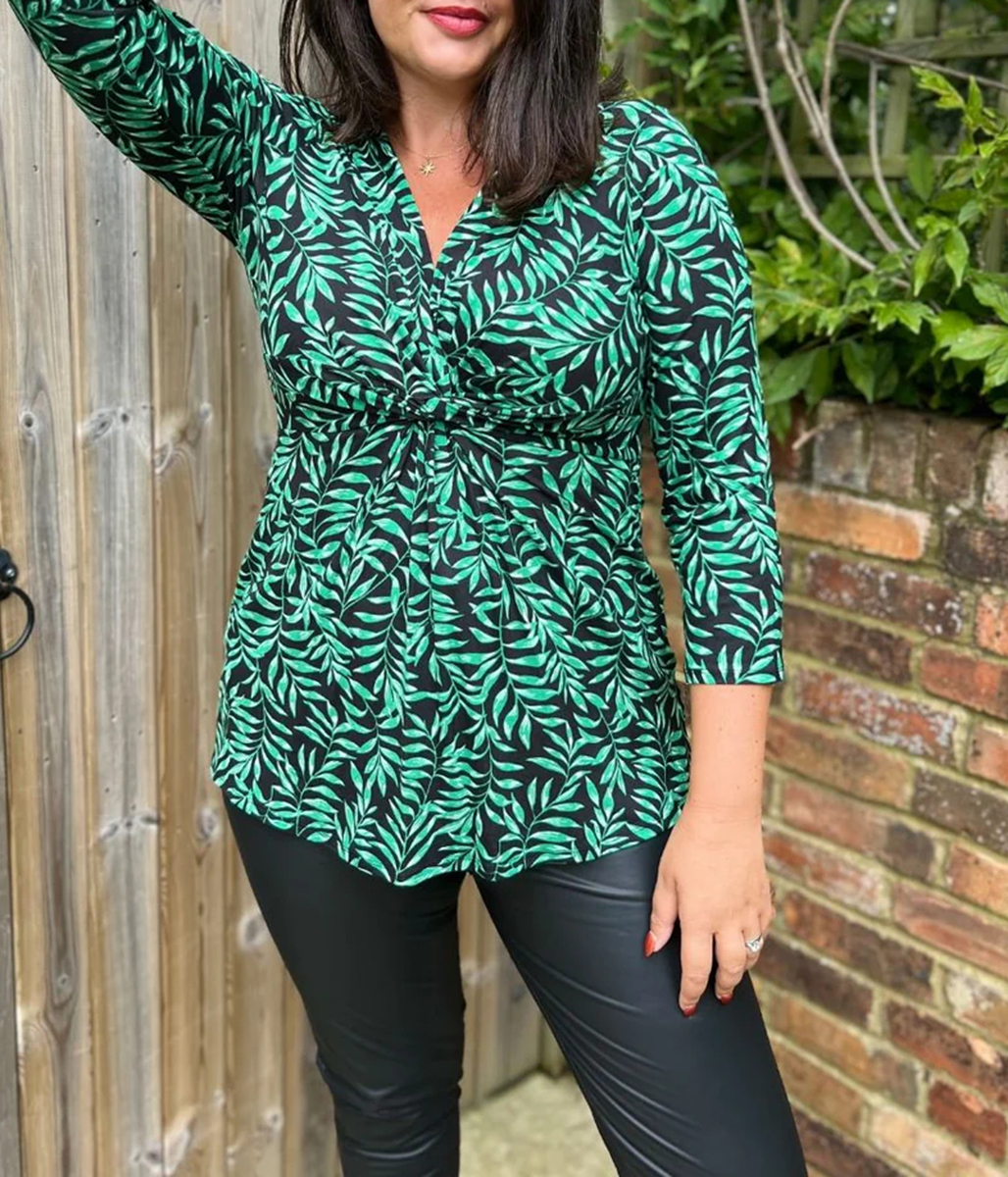 Green Leaf Print Twist Front Tunic Top