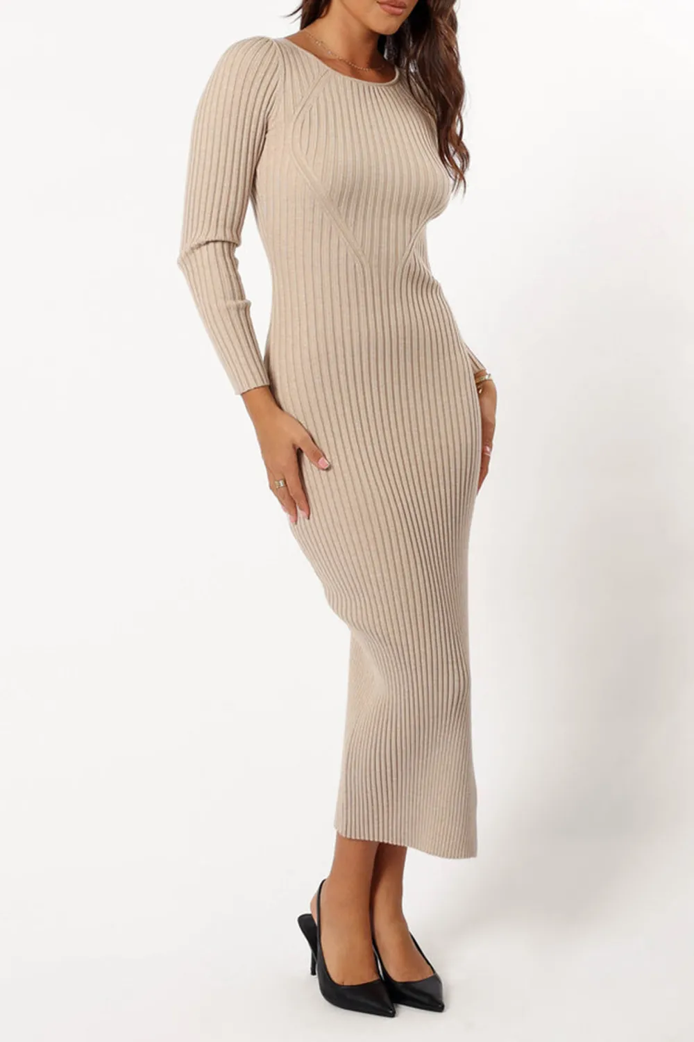 AINSLEY LONG SLEEVE MIDI DRESS - NUDE