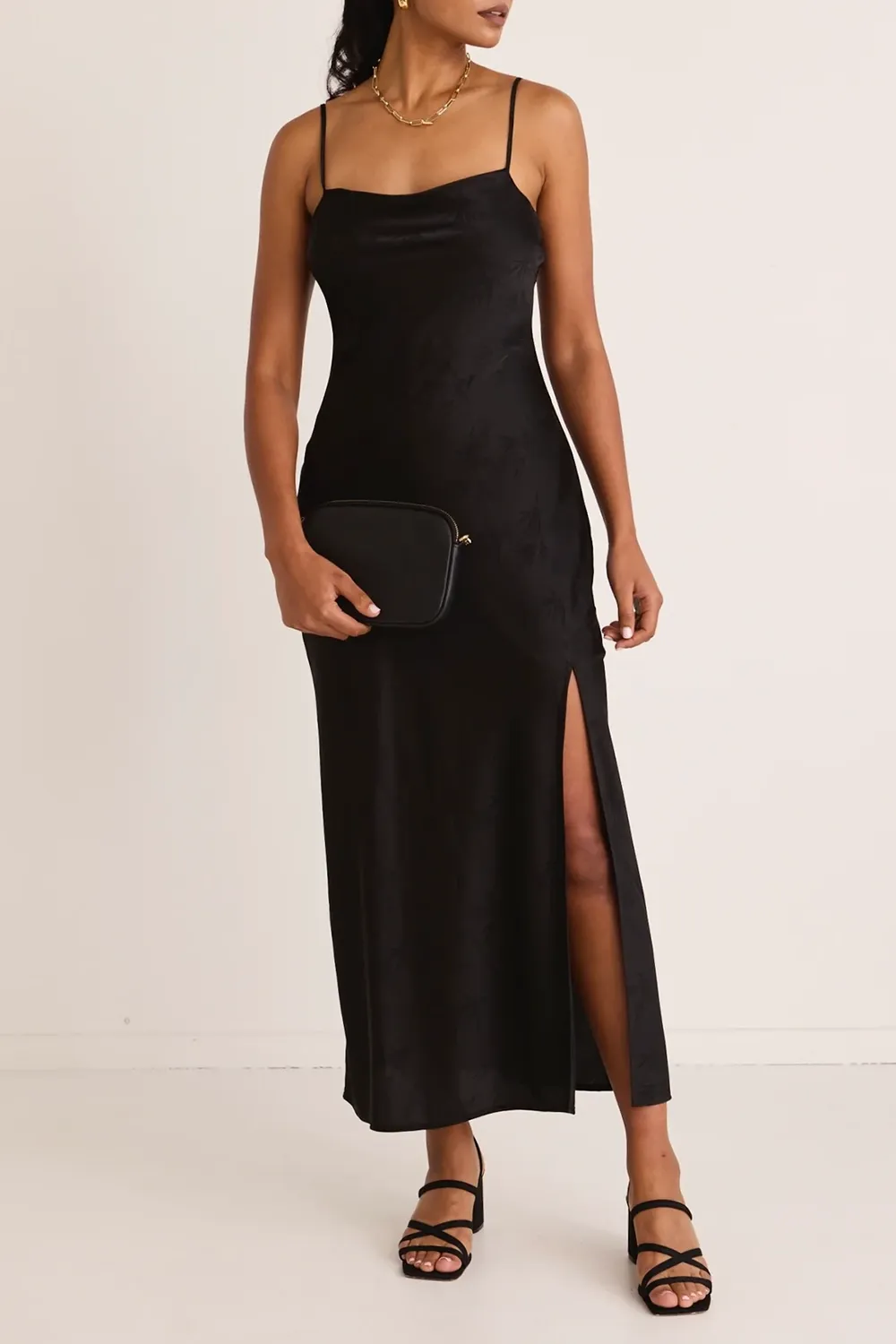 Showstopper Black Jacquard Satin Strappy Bias Midi Dress