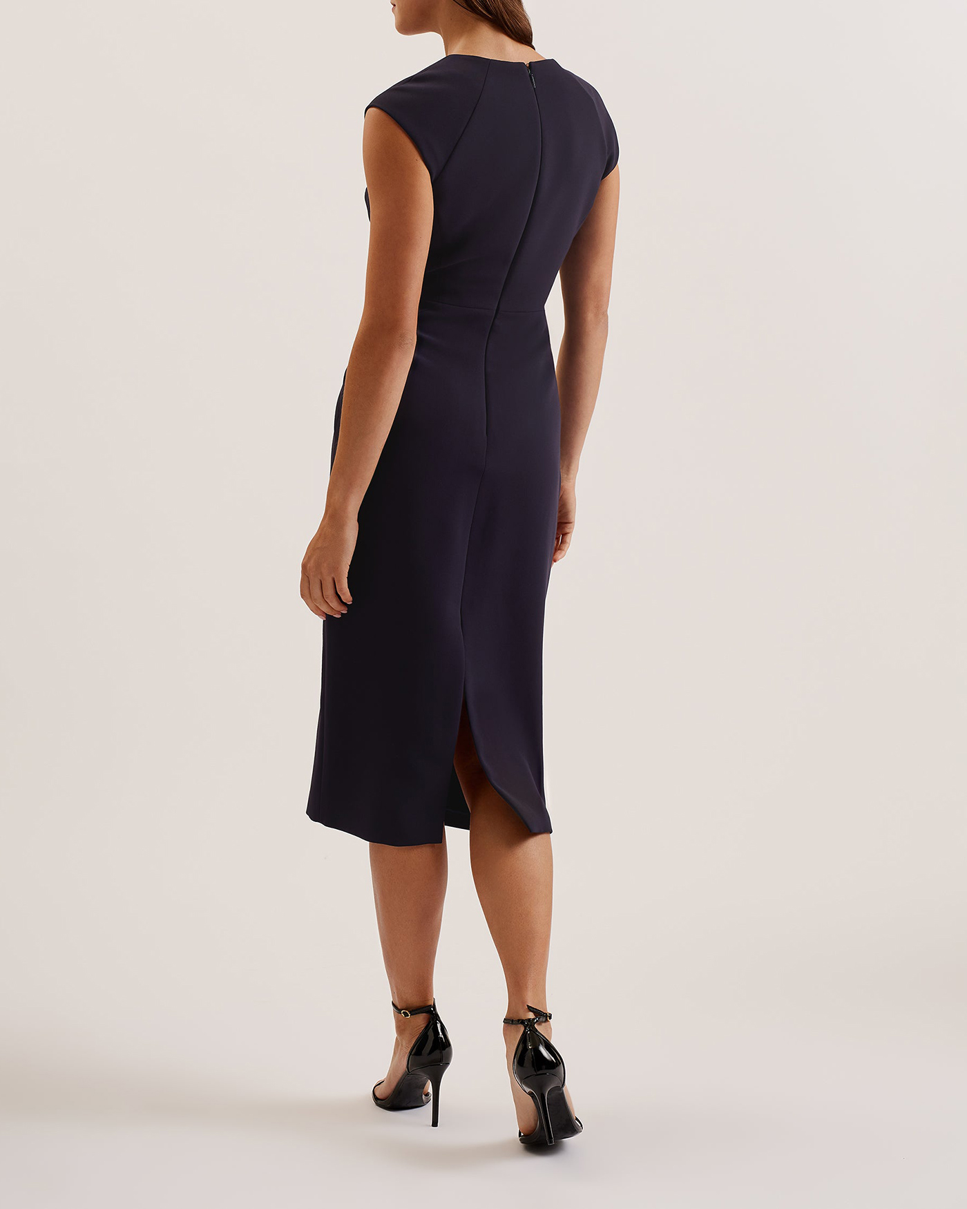 Bayree Asymmetric Folded Neckline Midi Dress Navy