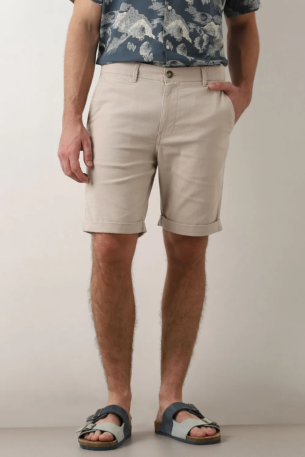 Beige Mid Rise Cotton Shorts