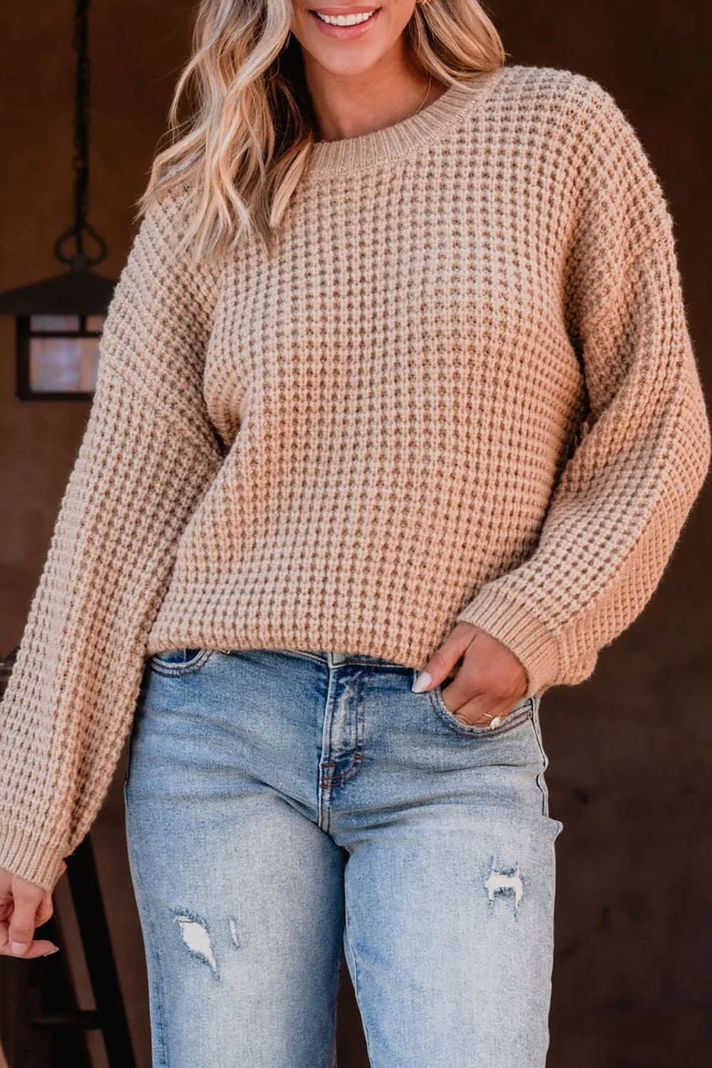 Camel Ribbed Waffle Knit Sweater