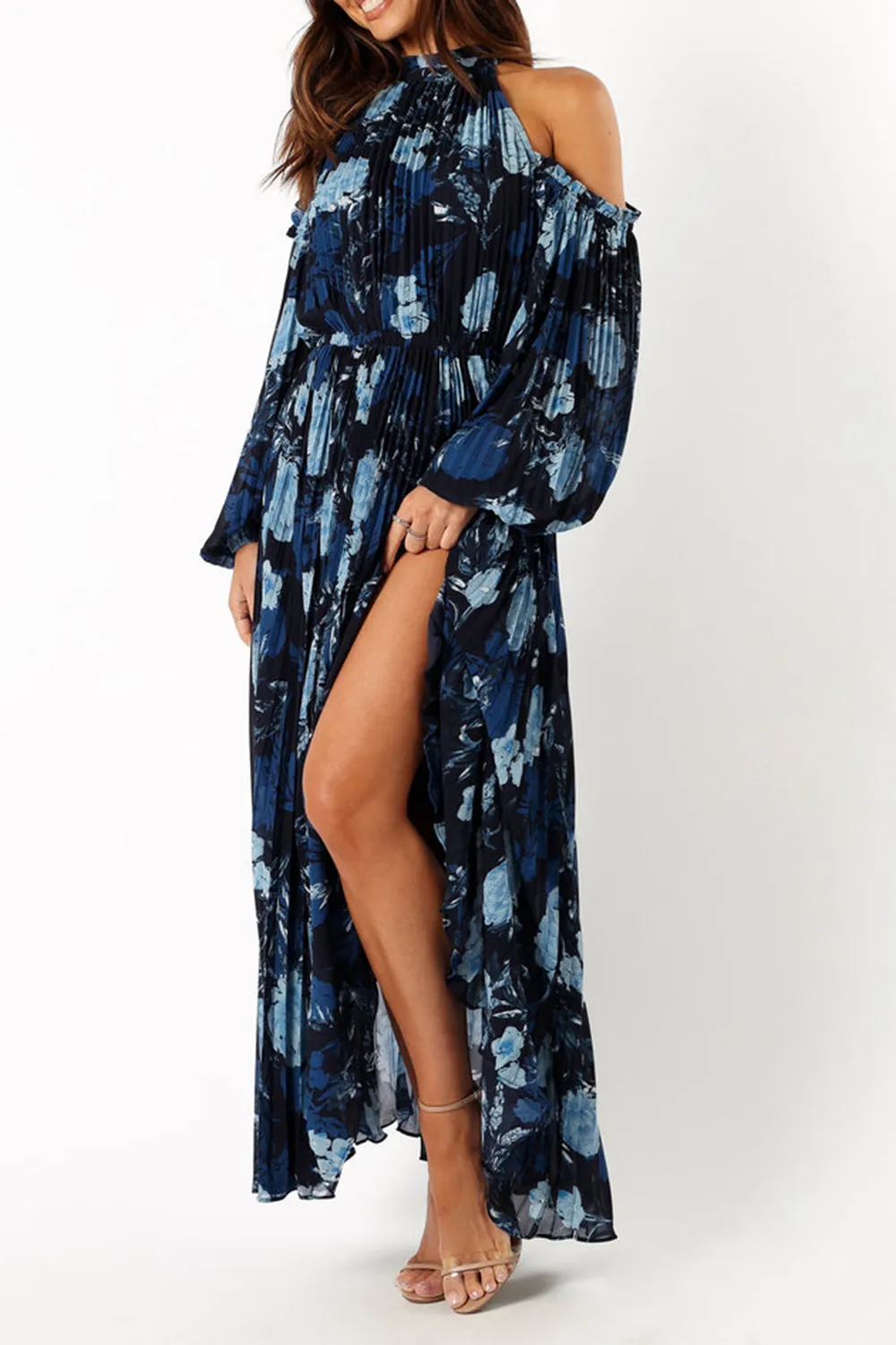 HILARY PLEATED MAXI DRESS - BLUE FLORAL