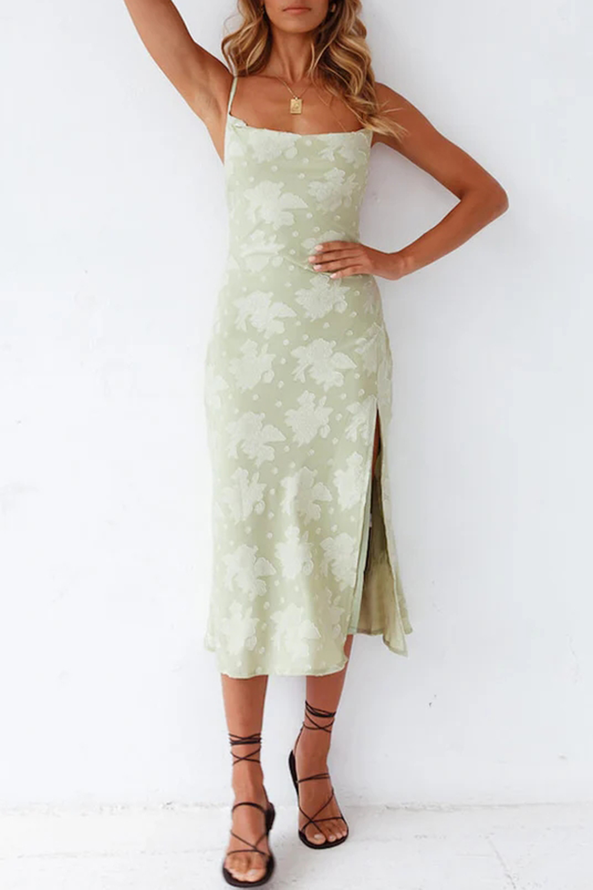 Floral Cowl Neck High Slit Slip Midi Dress - Sage Green