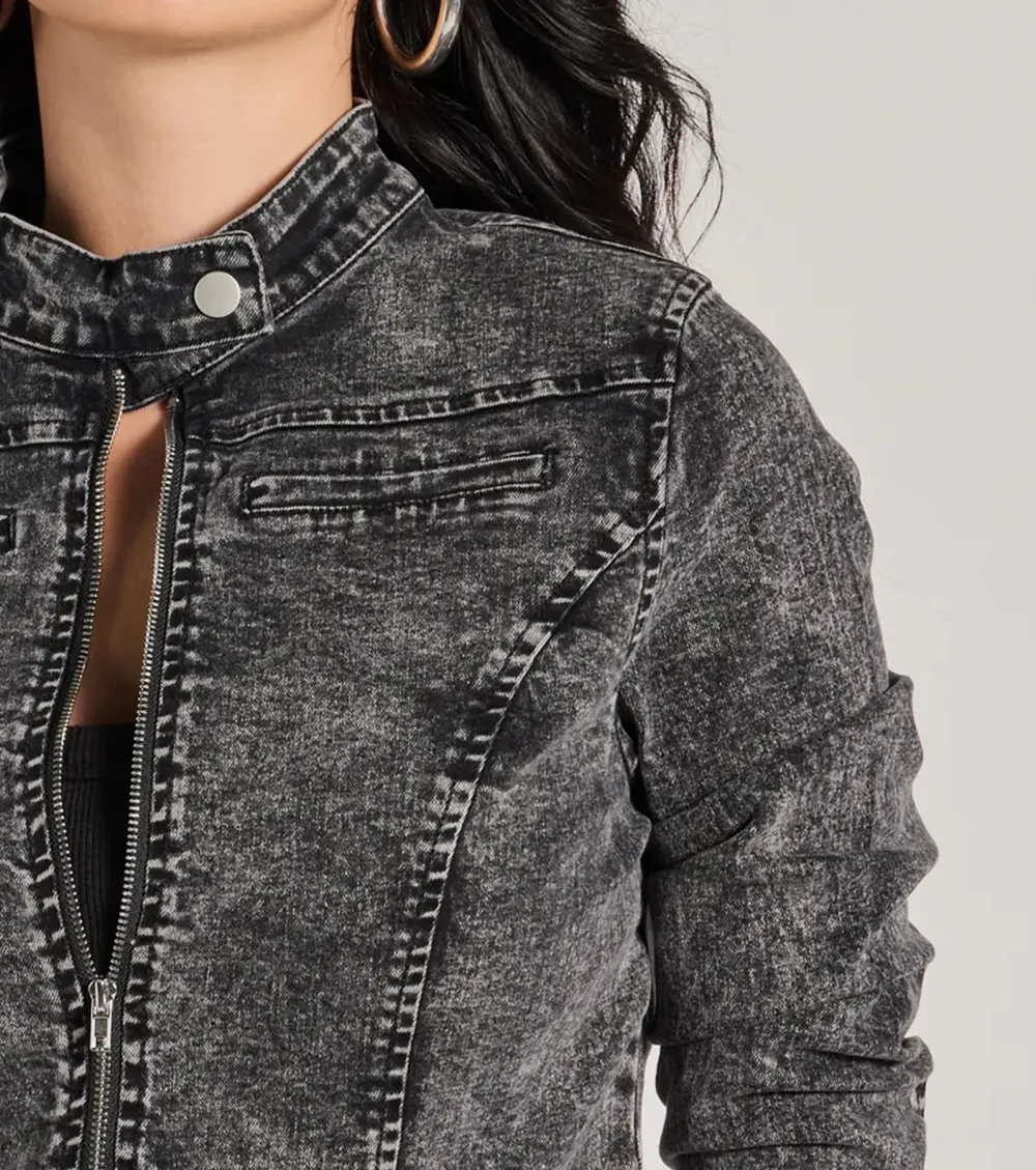 Edgy Arrival Moto Acid Wash Denim Jacket