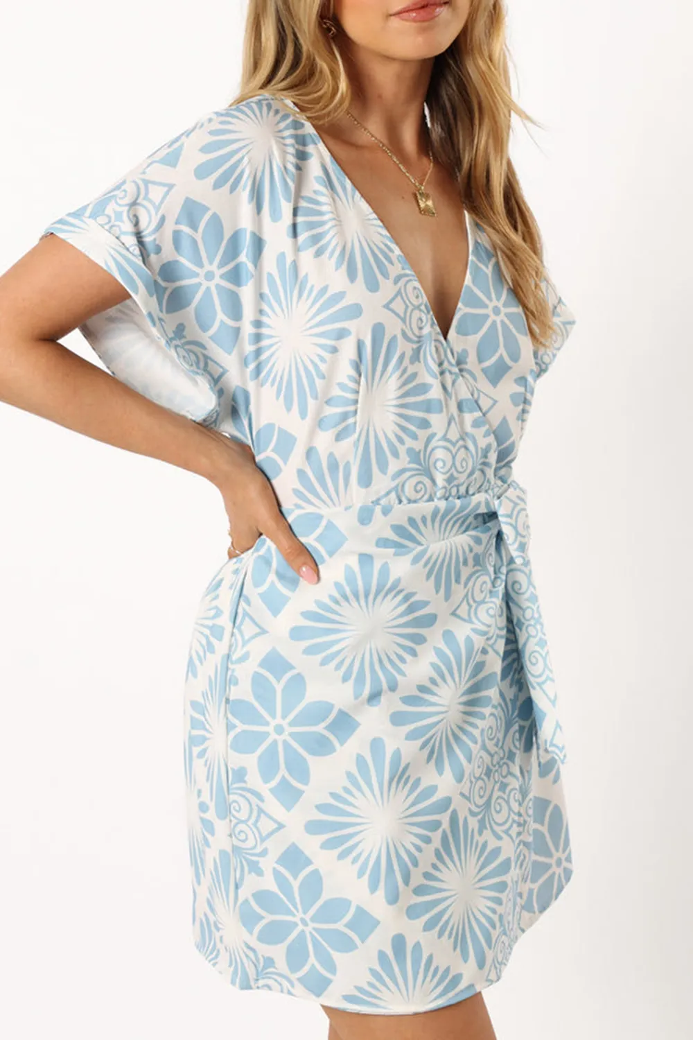 ANESSA WRAP MINI DRESS - BLUE PRINT