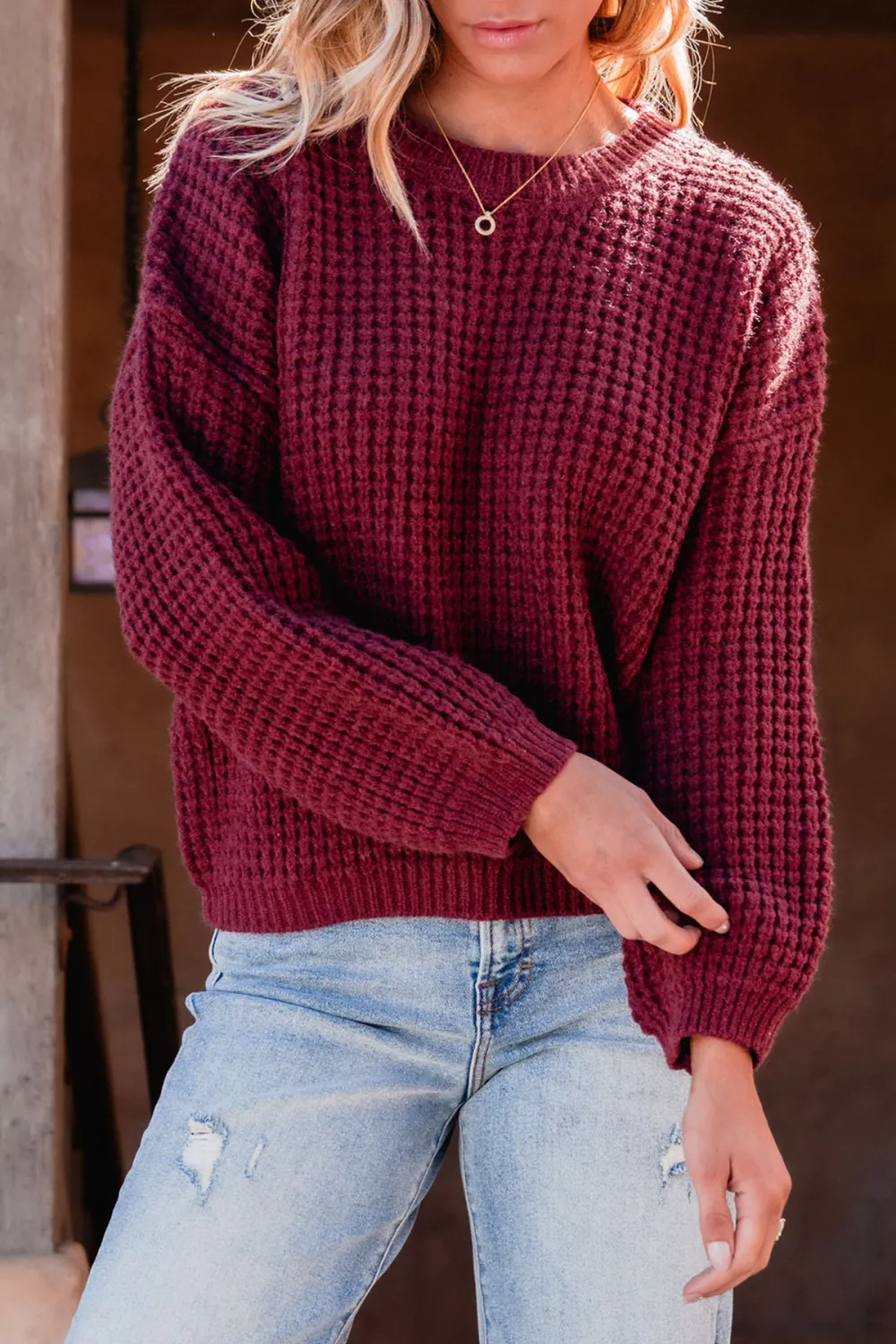 Burgundy Ribbed Waffle Knit Sweater