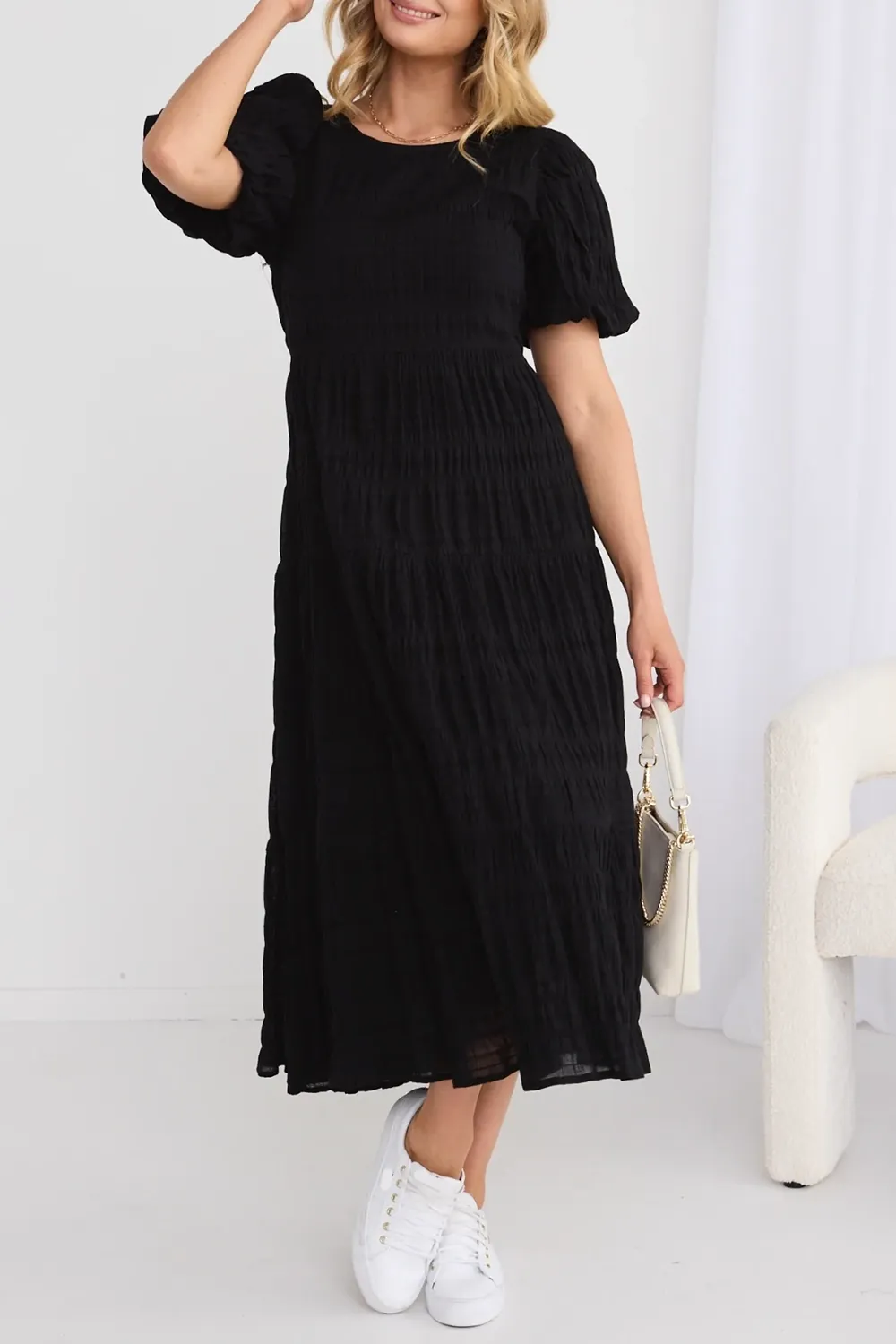 Graceful Black Shirred Cotton Bubble Sleeve Tiered Maxi Dress