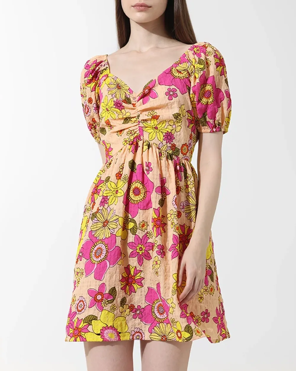 Peach Floral Print Puff Sleeves Dress