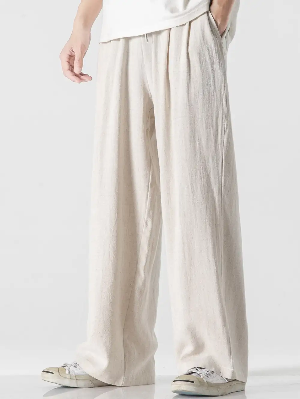 Linen And Cotton Blend Relax Fit Wide Leg Pants