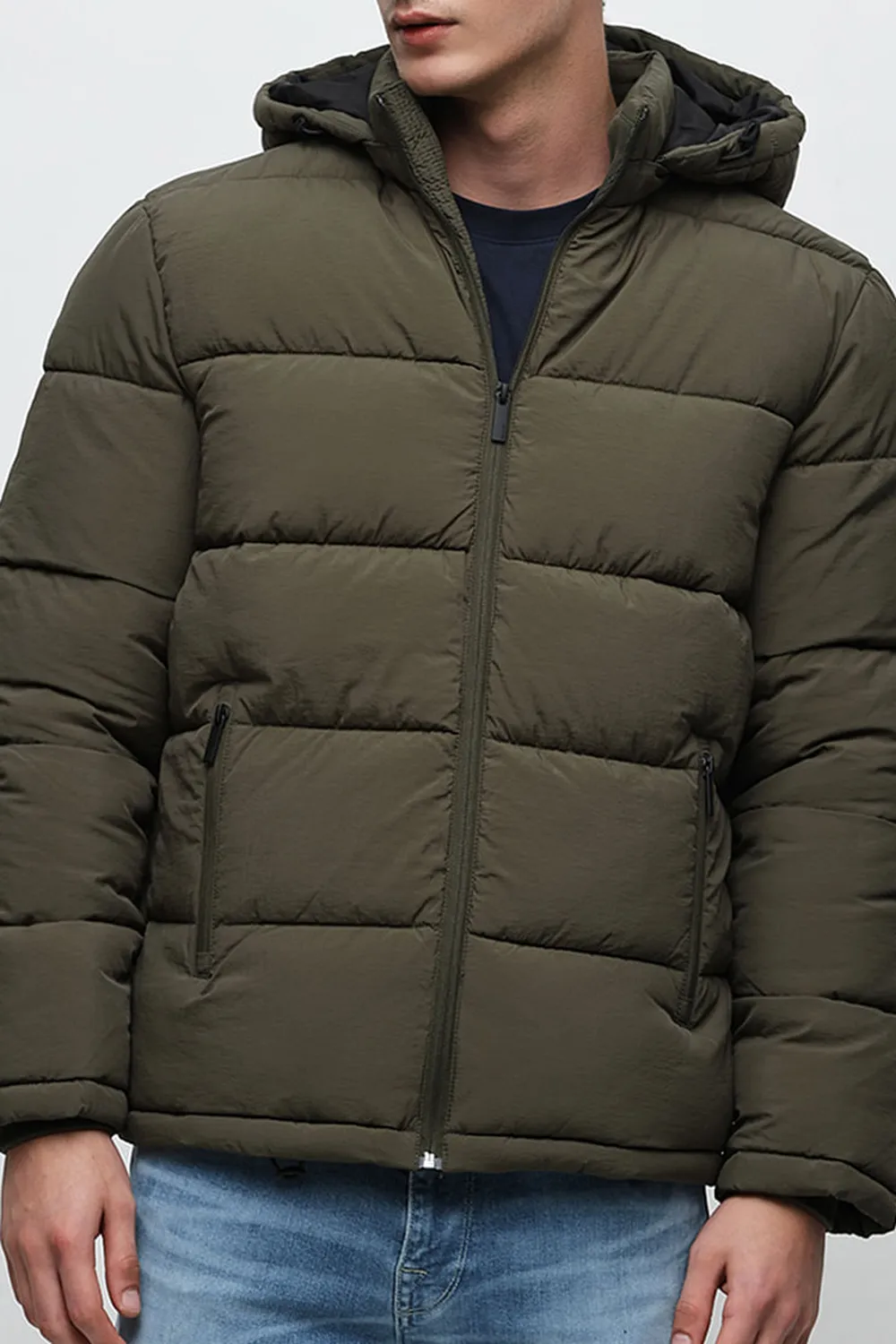 Green Hooded High-Neck Puffer Jacket