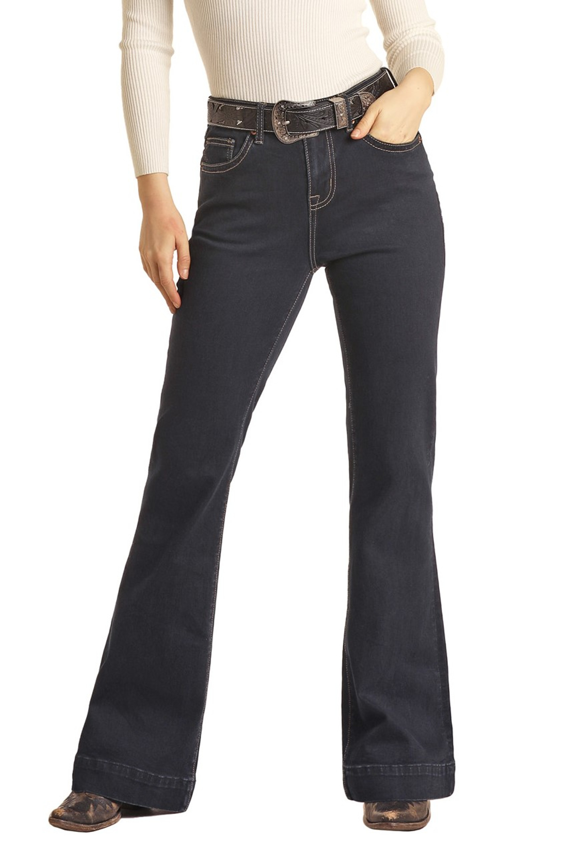 Simple women's mid-waist pocket line design details denim pants