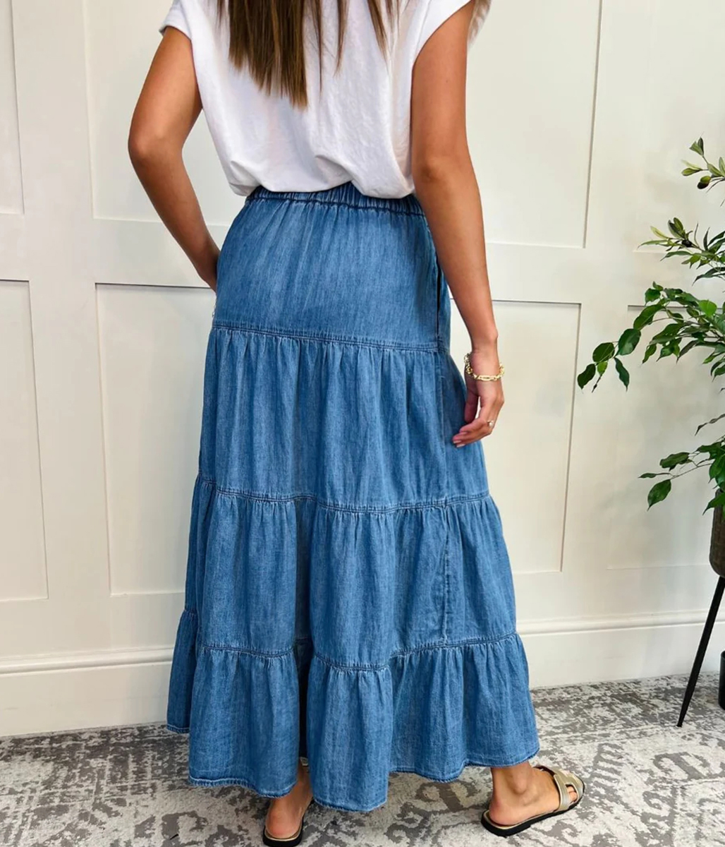 Denim Tiered Midi Skirt