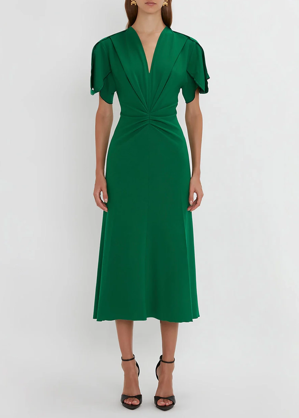 Gathered Waist V-Neck Solid Midi Dress